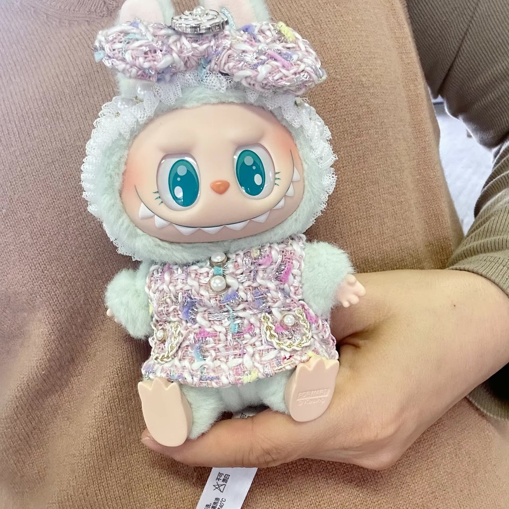 NWT Labubu Pink White Pearl Embellished Bow Tweed Outfit Doll Apparel OS